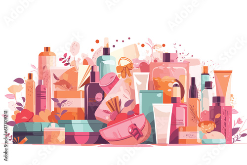 Gift Ideas, Shopping cosmetic packaging and happy new year celebration. vector art illustration on white background.