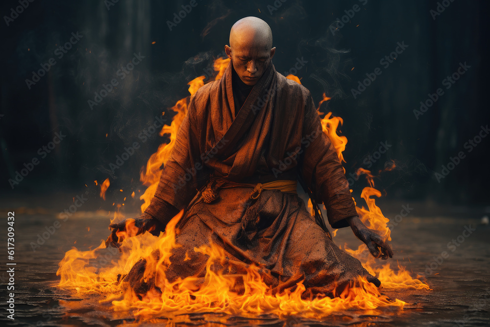 Self Immolation Buddhist Monk on Fire on Dark Background, Generative AI