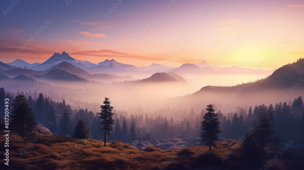 Beautiful Nature Landscape of Mountains with Pine Trees in a Foggy Forest at Morning Sunrise