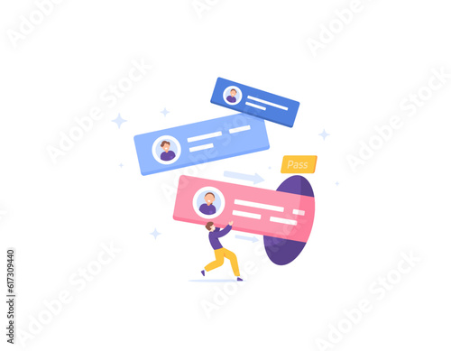 Employee recruitment. Pass the job interview test and pass the screening or recruitment process. an HR staff passes the new candidate to the next stage. illustration concept design. vector elements