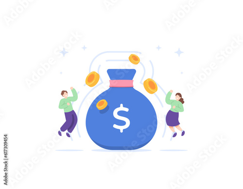 Get big prizes. win the giveaway. royalty program. A man and a woman jump for joy because they got a bag of money. Claim points, coins, or bonuses. illustration concept design. vector elements
