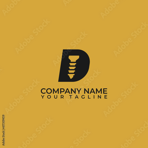 Simple letter D logo vector with screw silhouette combination.