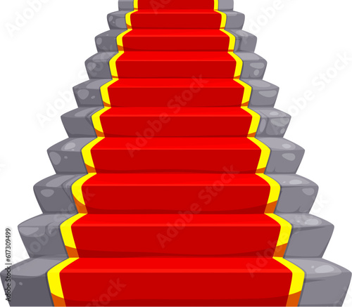 Castle and palace staircase. Stone or marble stair with red carpet. Fantasy ballroom marble staircase, theater ladder or royal palace vector stairway, medieval castle interior element with red carpet