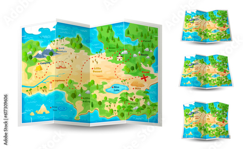 Cartoon game paper map, expedition adventure and journey, vector island in sea. Travel and hiking camp map with path way in mountain and lake, tourist route map with start and finish for game