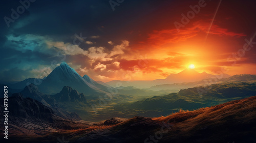 Beautiful Nature Landscape of Peak Hills Mountains with Sunrise in the Sky