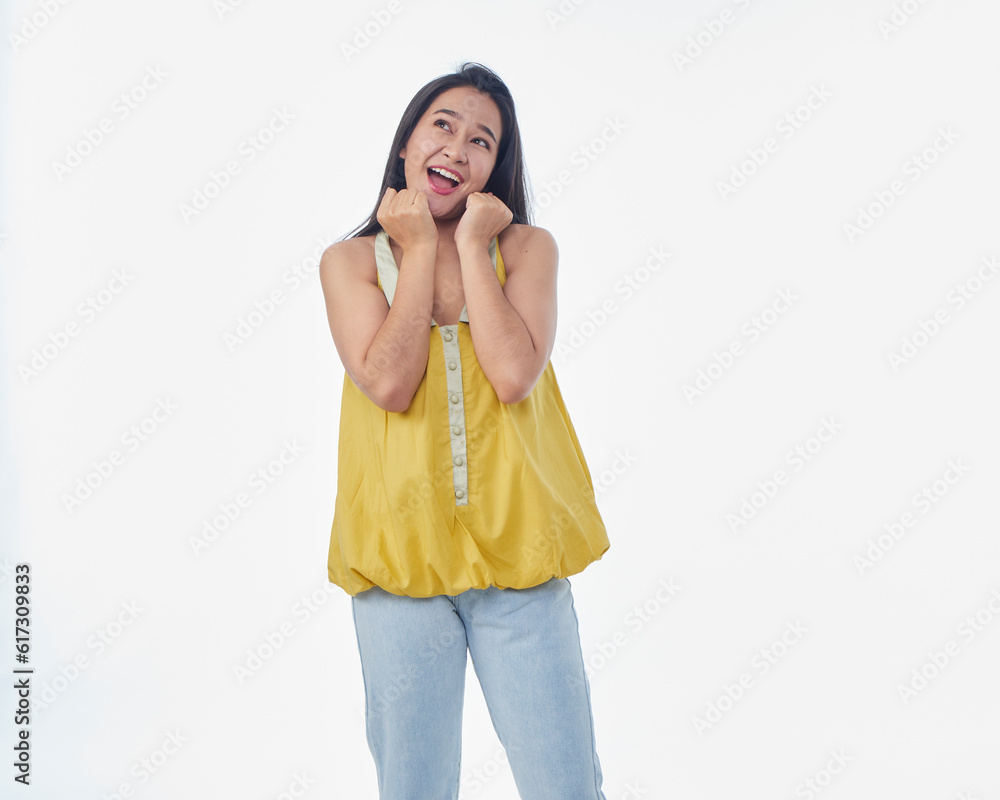 Woman showing something on white background Woman showing something on white background
