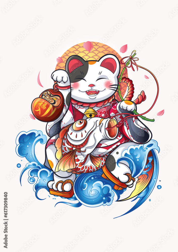 Vector japanese maneki neko with daruma and koi fish illustration t-shirt and apparel printing design