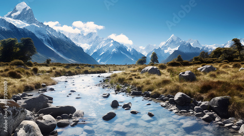 Beautiful Nature Landscape of Peak Mountains with Rocks by the River on a Bright Day