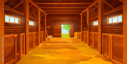 Cartoon farm stable or barn interior with sand floor, hayloft haystacks on wooden ranch, vector background. Horse stall house, wooden stable or hay loft storehouse, equestrian barn or farmhouse inside