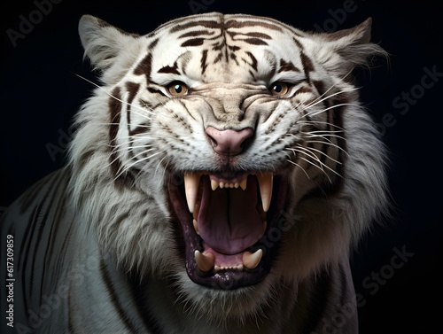 White tiger or bleached tiger isolated on black background. AI generated