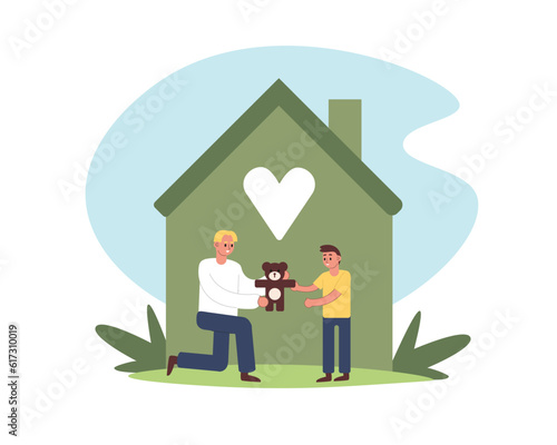 Smiling blonde man gives teddy bear to boy. Characters giving charitable toys as donation for kids. Help from humanitarian aid organization. Volunteer social assistance for children. Vector