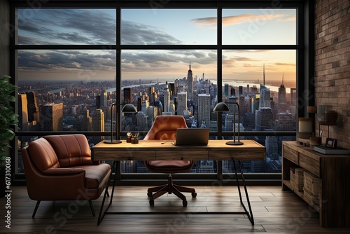 Wooden desk in modern office interior with city view. 3D Rendering © ttonaorh