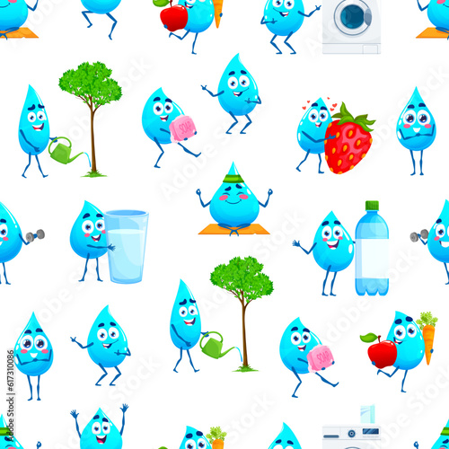Cartoon water drop characters seamless pattern. Happy droplet personages vector background with cute smiling faces. Funny blue drops of clean drink water, rain or dew backdrop, health and hydration