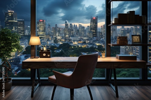 Wooden desk in modern office interior with city view. 3D Rendering
