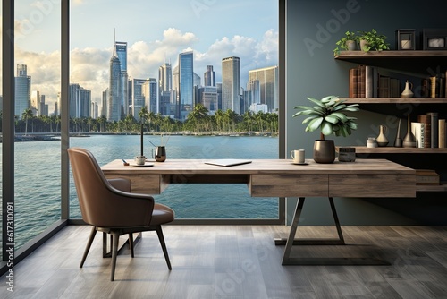 Wooden desk in modern office interior with city view. 3D Rendering