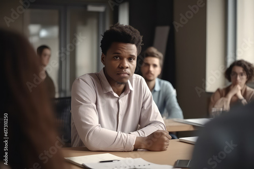 Confident young African- American  male leader boss holding negotiation