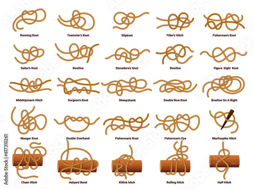 Sailing ship rope knots, nautical sailor tie and bow vector set. Marine nodes of natural jute cords, strings and cables with loop and noose figures. Cordage system elements for sails and anchors