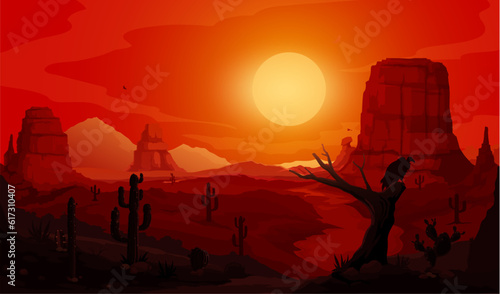 Evening sunset mexican desert landscape with cactus silhouettes, vector background. Mexico or Western Arizona canyon with sun dawn in sky, Mexican or Texas desert landscape rocks with cactus