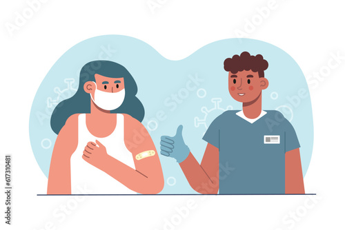 African doctor points his thumb up after vaccinating patient. Protection from covid 19 pandemic. Time for getting vaccines. Boosting immune system health. Vector