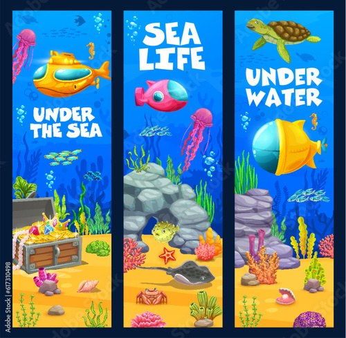 Cartoon underwater landscape with submarine, sea animals and seaweeds with corals. Vector vertical banners with sandy bottom, turtle, fish, treasure chest, tropical corals or plants. Ocean or aquarium
