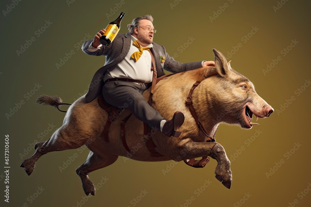 Φωτογραφία Illustration of a chubby or overweight businessman in a suit is riding a pig, in hand hold a bottle