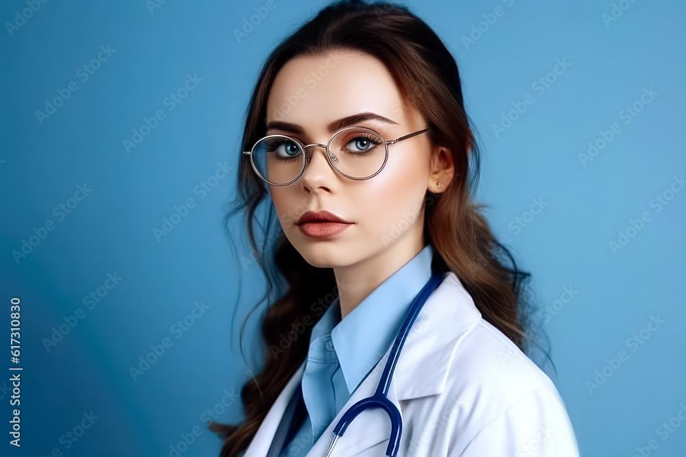 portrait of young doctor woman with stethoscope over isolated blue background. generative AI portrait of young doctor woman with stethoscope over isolated blue background. generative AI