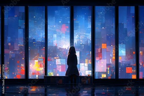 lofi girl full - body, standing at balcony looking at city night lights, Generative AI. photo