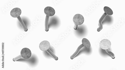 Fototapeta Naklejka Na Ścianę i Meble -  Nails hammered into wall 3d render icons set. Straight and bent steel or iron spikes with heads. Metal pins, hardware hobnails, carpentry and construction tools isolated on background. 3D illustration