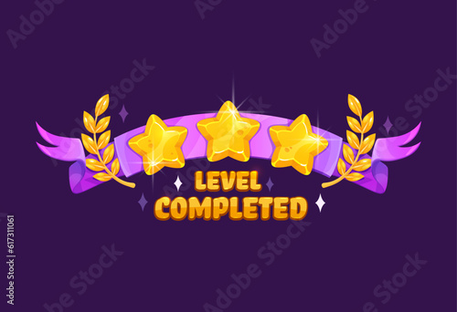 Game level complete with golden stars reward ribbon, vector GUI interface icon. Game level complete award popup badge with gold star and victory wreath on purple pink ribbon for arcade game win icon