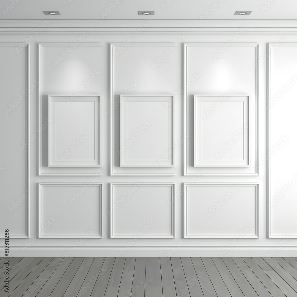 Template Frame Art print Mock up three blank white photo frames in modern minimal interior Generative AI 