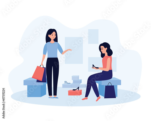 Cartoon girlfriends choose new shoes in store. Young people doing shopping. Making purchases from sale in fashion boutiques. Modern consumerism society. Vector illustration
