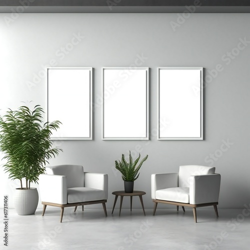 Template Frame Art print Mock up three blank white photo frames in modern minimal interior Generative AI 