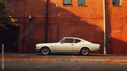 Vintage car parked in front of old building with red brick wall
