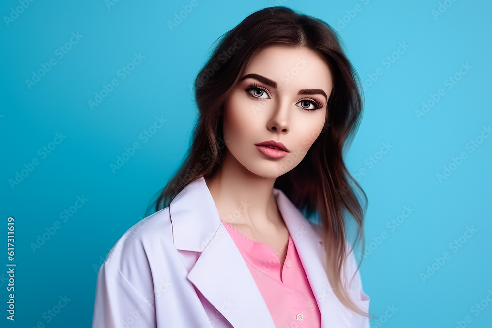 portrait of young doctor woman over isolated blue background. space for text. generative AI portrait of young doctor woman over isolated blue background. space for text. generative AI
