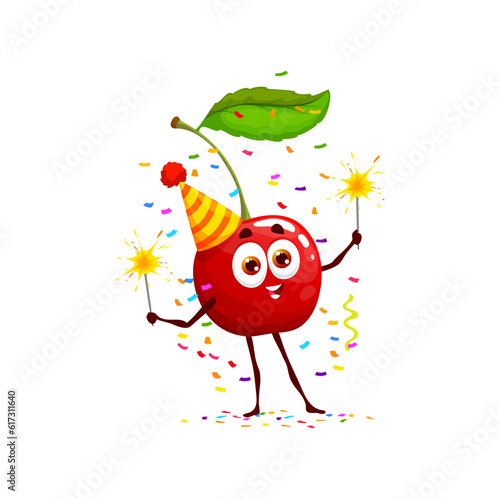Cartoon cherry berry character, birthday holiday. Happy vector fresh juicy berry personage in festive hat fun with sparklers under falling colorful confetti at bday bash or anniversary celebration
