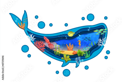 Blue whale silhouette with sea underwater paper cut landscape, vector ocean world. Cartoon coral reef and ocean underwater in papercut layers with fish shoal, starfish and squid in tropical seaweeds
