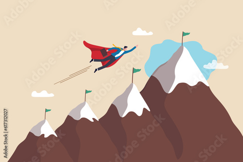 Challenge to achieve success milestone, goal or business target, winning mission or career development, growth or progress journey, aspiration concept, businessman super hero fly to mountain summit.