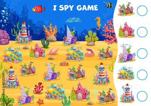 I spy game fairytale underwater town houses in sea shells of undersea, kids vector puzzle worksheet. Find and match same pictures of cartoon dwellings in ocean lighthouse, submarine and sunken ship