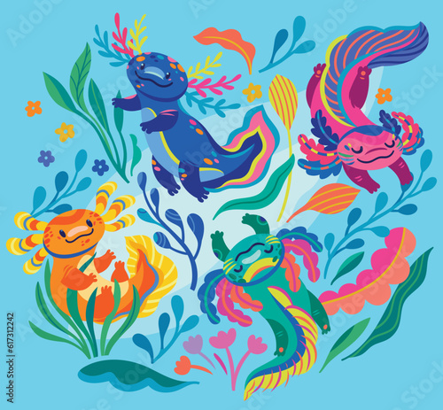 Set of four cute cartoon axolotls, amphibian creatures are floating in the seaweeds