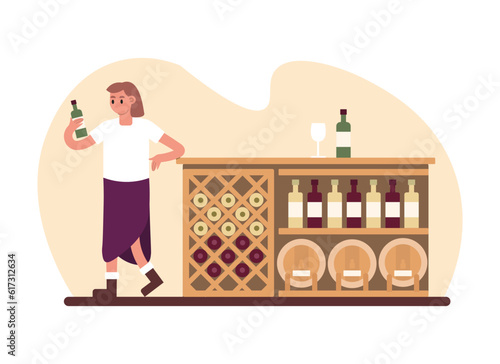 Cartoon pretty girl picks out bottled wine in front of bar. Young people manufacturing, buying and serving wine. Time for tasting wine from organic grapes. Vector