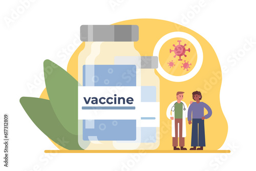 Multinational patient and doctor standing by huge vial of vaccine. Getting vaccinated against illness in hospital. Process of virus destruction. Boosting immune system health. Vector