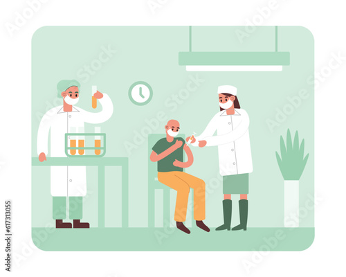 Cartoon nurse puts vaccine intramuscularly into patients arm. Immune system health. Time to get vaccinated against diseases. Protection from pandemic outbreak. Vector