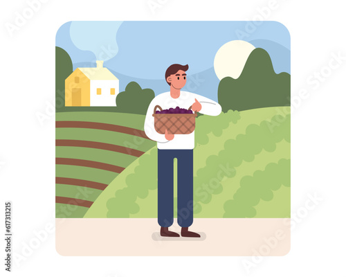 Cartoon guy holding basket of grapes in hands. Process of making alcoholic drinks. Winemaking using organic grapes. Wine production industry. Vector illustration
