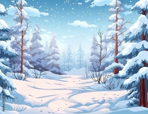 Winter landscape with snow-covered forest and trees. Vector cartoon illustration.