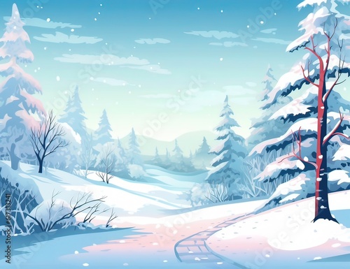 Winter landscape with snow-covered forest and river. Vector illustration.