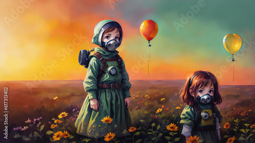Little girl with a balloon in a gas mask. Landscape devastated by environmental pollution.. Generative AI.