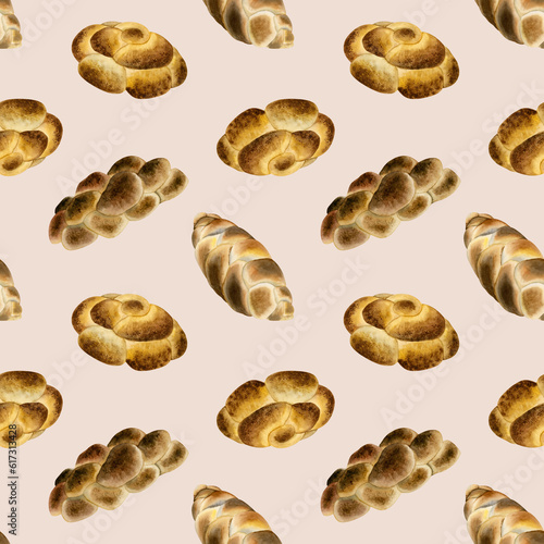 Jewish challah bread watercolor seamless pattern on light beige background with braided loafs for Shabbat Saturday, kosher bakery photo