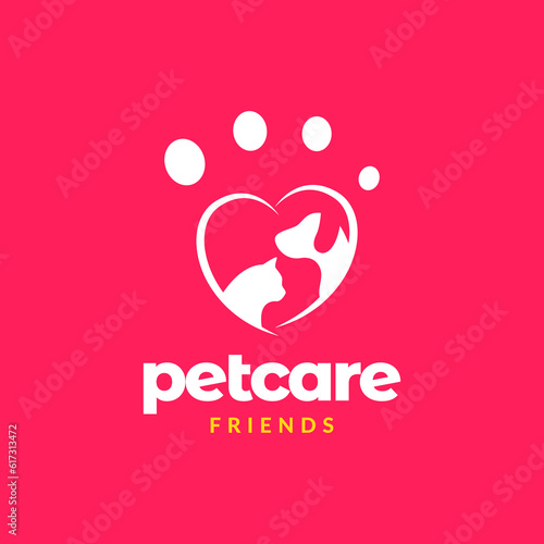 animal pets care dog cat love heart modern colorful logo design vector