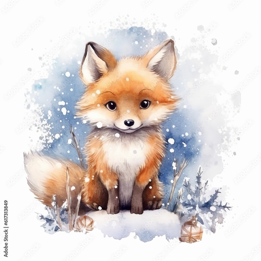 fox sitting in the snow, watercolor style Generative AI fox sitting in the snow, watercolor style Generative AI