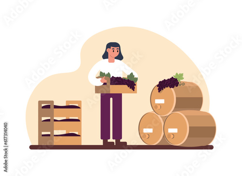 Cartoon girl carries boxes of grapes to make wine. Wine production sector. Factory for production of wine in barrels. Vector flat style illustration on white background